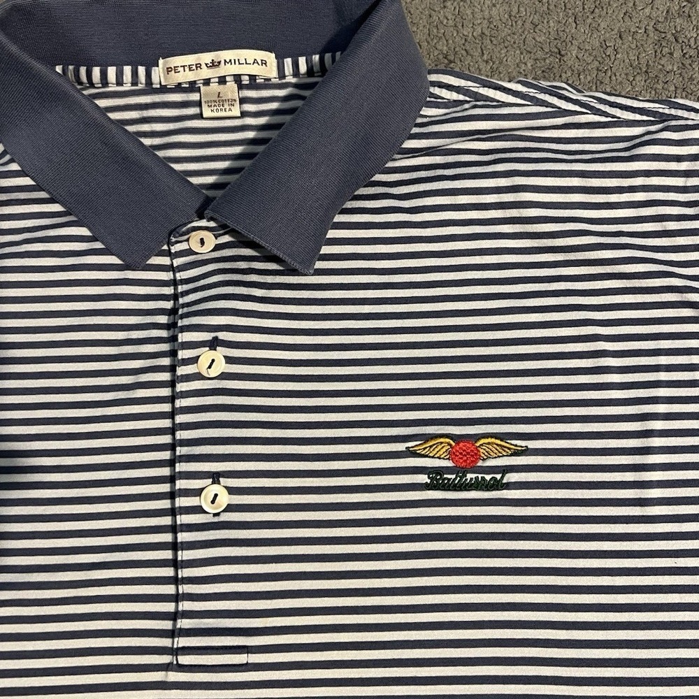 Peter Millar Baltusrol Golf Polo Shirt Men's L Blue White Stripe Performance